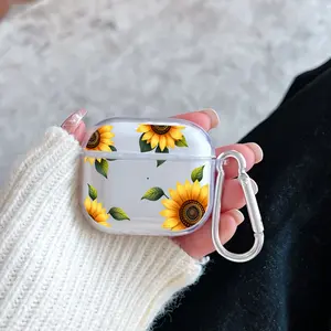 Sunflower Reverie Pattern Protective Case for AirPods 4/3/2/1/Pro/Pro2 Soft TPU Earphone Cover, Transparent with Keychain