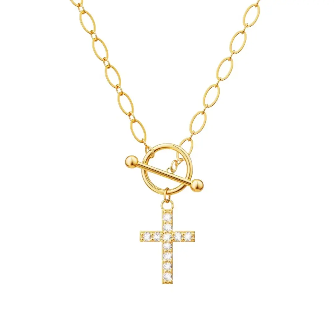 14K Gold Plated Minimalist CZ Cross Toggle Necklace for Everyday Wear