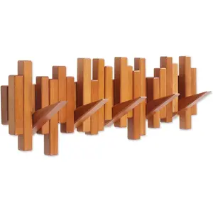 Wooden Coat Rack Wall Mounted Sticks Multi Rack Solid   Cherry  Artwork with 5 Flip-Down  Modern Hooks for Coats Bag Hat Umbrella