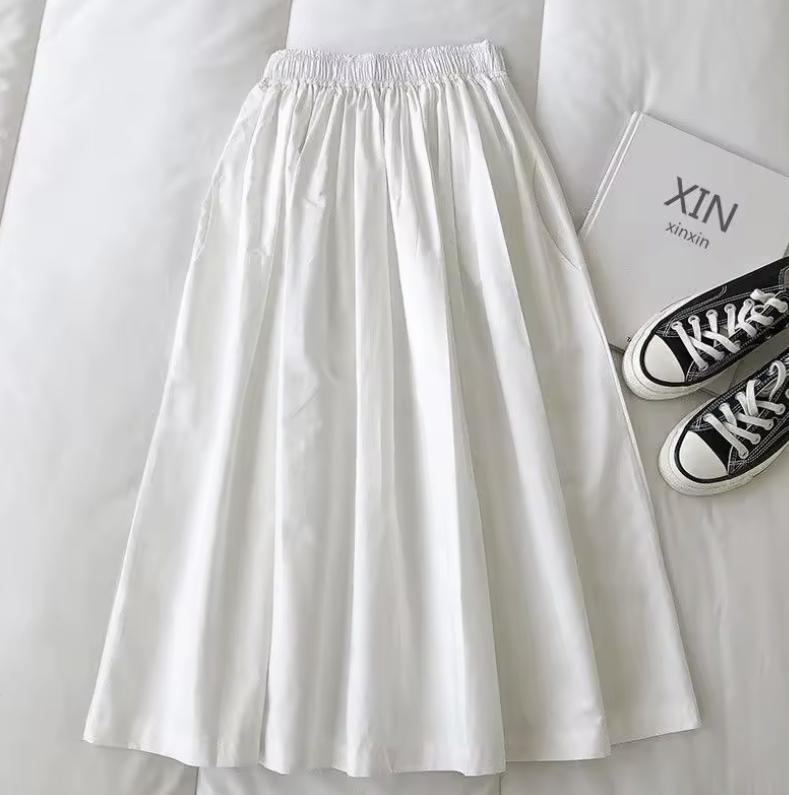 Women's White Long Maxi Skirt Fashion Pockets Pleated Knee Length Skirts Autumn 2025 New Casual Elegant High Waist A Line Femme Skirts in Multiple Colors