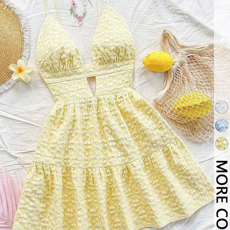 1Pcs Deep V Waist Cutout Floral Mini Dress for Women, Spaghetti Strap Layered Tiered, Lightweight Breathable, Summer Casual Resort Style, Boho Summer Holiday