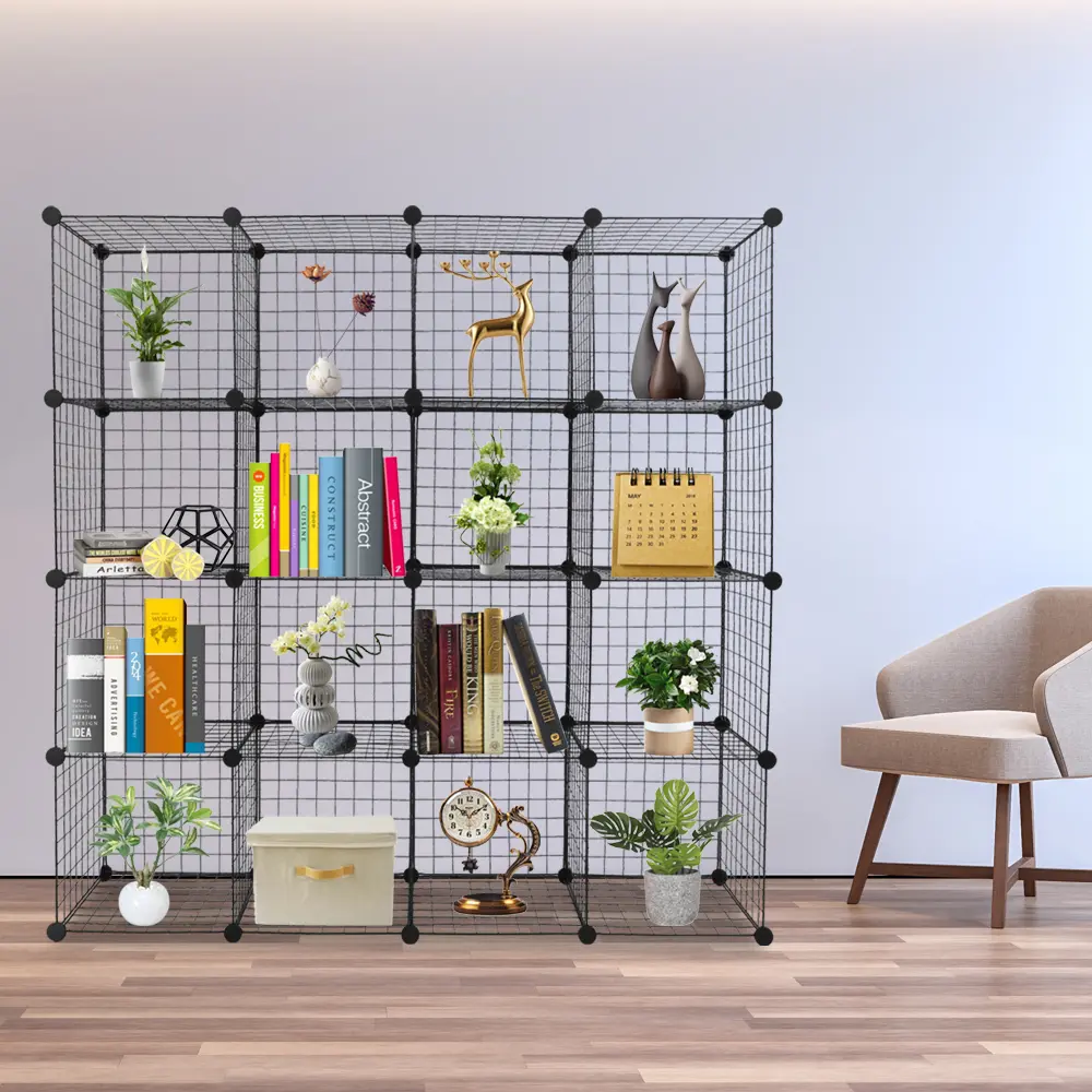 Sturdy Wire Grid Metal Frame Storage Unit - 16-Cube Modular Adjustable Shelving with 56 Black Iron Wire Meshes, 1 Instruction, (47x14x57)in/(148x36x148)cm, DIY Assembly for Bedroom, Camping Furniture Cupboard, Home Supplies, Entryway, Grid Pattern, (47 X,