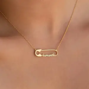 Gold-Plated Safety Pin Necklace - 304 Stainless Steel, Personalized Name, Ideal Mother's Gift, Daily Wear Jewelry