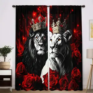 2Pcs Valentine's Day decorative curtains with Lion King & Queen design, romantic red roses, perfect for living room, bedroom, kitchen, and home decor, aesthetic window treatment, couple's gift, privacy protection Semi-transparent, Home Decoration Curtain