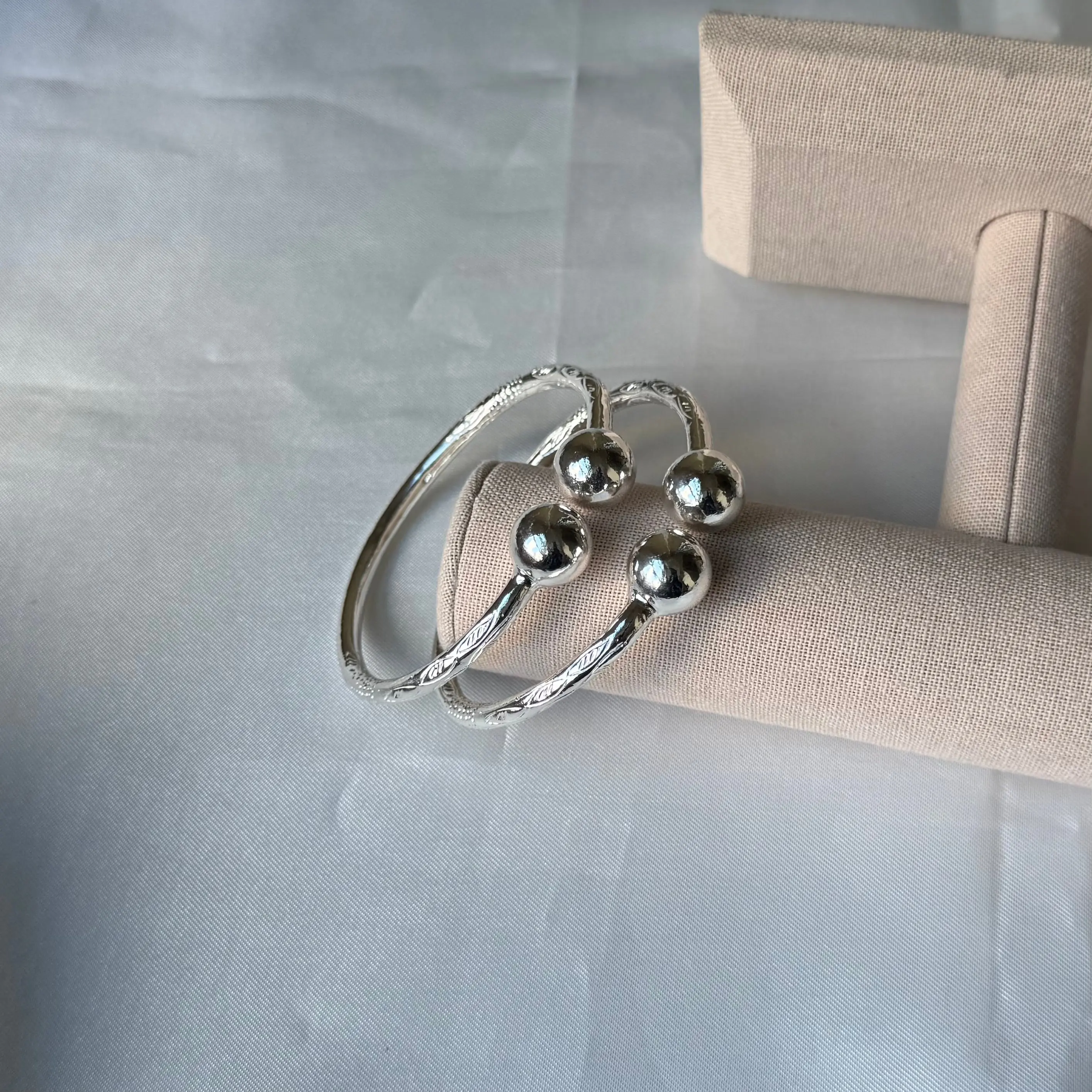 BETTER JEWELRY Thick West Indian Bangles for Adults, Carved .925 Sterling Silver with Large Round Ball Ends - 1 Pair, Large Round Balls, Unisex