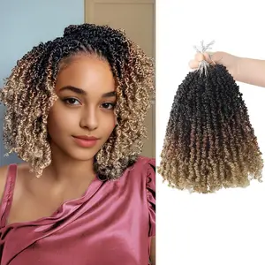 Yanky Twist Crochet Hair Yaki Pre-looped Twist Brown Spring Mini Crochet Hair 8 Inch 9 Packs Passion Twist With Curls Synthetic Braiding Hair Extensions (T1B/30/27)