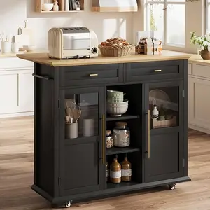 Kitchen Island With Storage, Rolling Kitchen Island Cart On Wheels With Widen Drop Leaf Top, Large Mobile Kitchen Island With 2 Glass Doors, Spice Rack & Towel Holder, Can Storage and Towel Bar