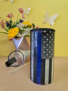 Handmade 4‑in‑1 Insulated Stainless Steel Tumbler & Koozie – 14oz Can/Bottle Holder with Built‑In Bottle Opener – American Flag Law Enforcement Design