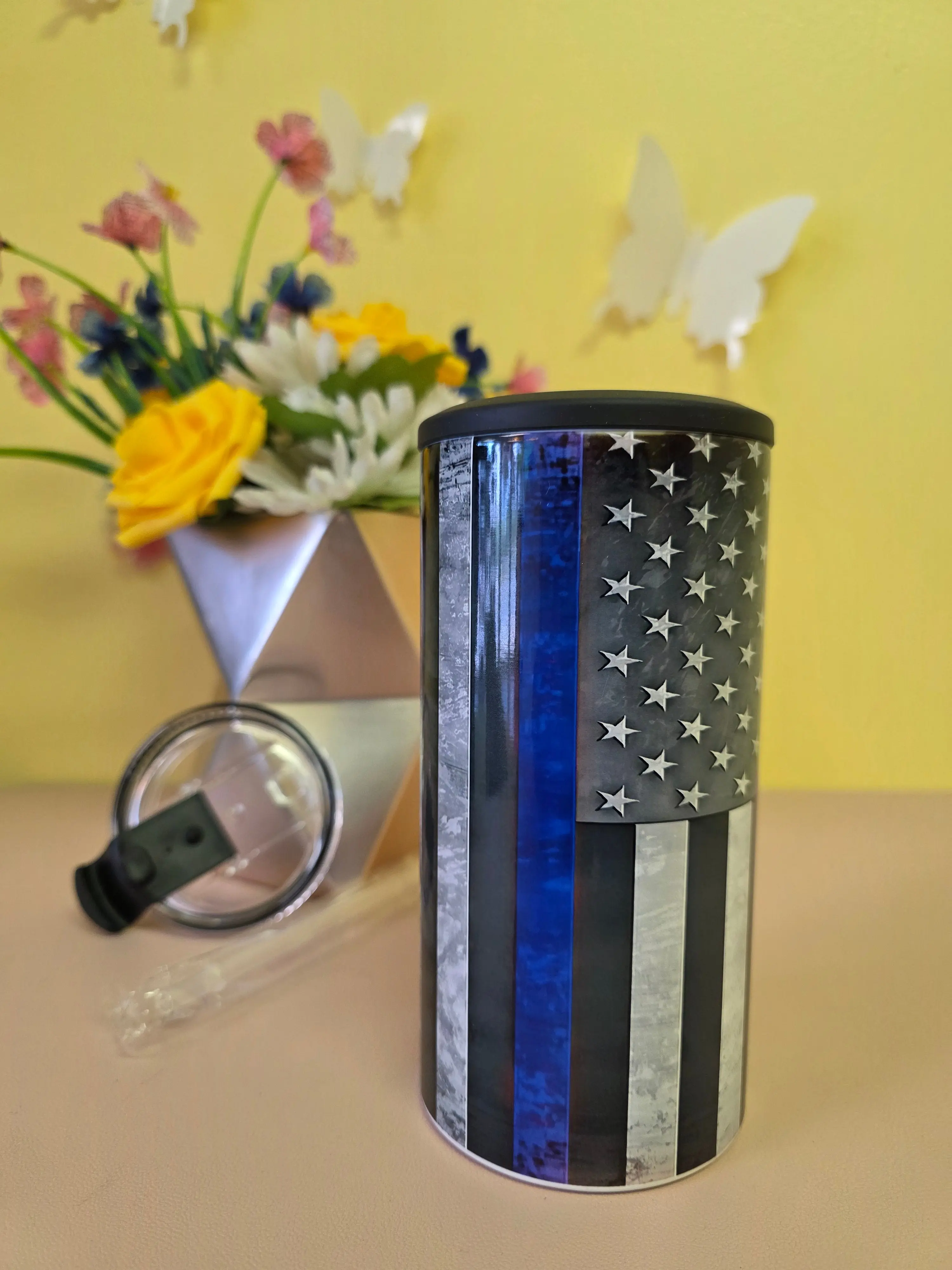 Handmade 4‑in‑1 Insulated Stainless Steel Tumbler & Koozie – 14oz Can/Bottle Holder with Built‑In Bottle Opener – American Flag Law Enforcement Design