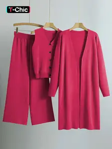 Women's Minimalist V-Neck Button Tank & Loose Wide Leg trousers with Long Cardigan Three Pieces Womenswear Set