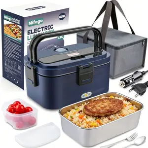 Portable Fast-Heat Electric Heating Bento Box Lunch Bag for School Students, Triple Voltage Supply, Spill-Safe, LED Screen, Liner, Fork, Spoon, Thermal Storage Handbag (Car Interior Accessory)