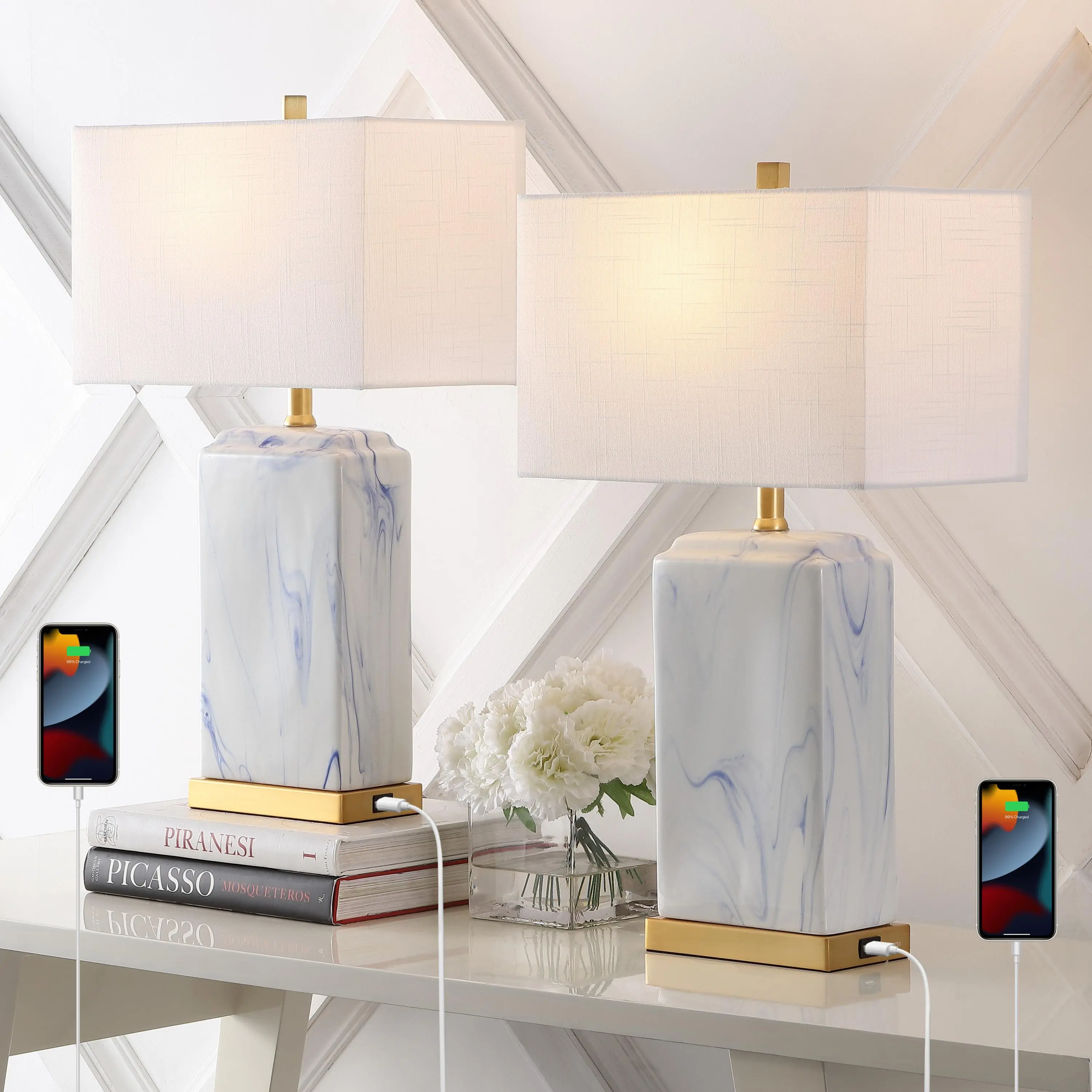 JONATHAN Y 24.5" Marbled Ceramic USB LED Table Lamps (Set of 2, Blue/White) - Home Decor Light, Modern Coastal Brass Gold Base, White Linen Rectangular Shade, Included Bulbs, Bedroom Nightstand Lighting