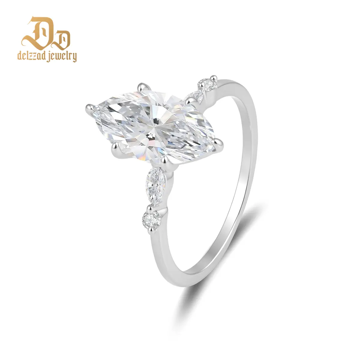 Delzzad 14K Gold-Plated 3.2ct The Everleaf Ring Marquise Engagement Ring Band VVS Synthetic Moissanite Ring Jewelry Perfect Birthday Engagement Wedding Anniversary Christmas Gift