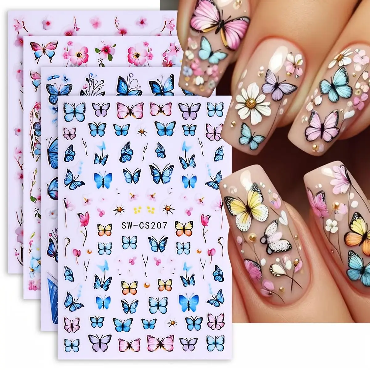 4PCS Spring floral butterfly nail stickers, easy to apply for DIY nail decoration, gifts, party and wedding makeup styling