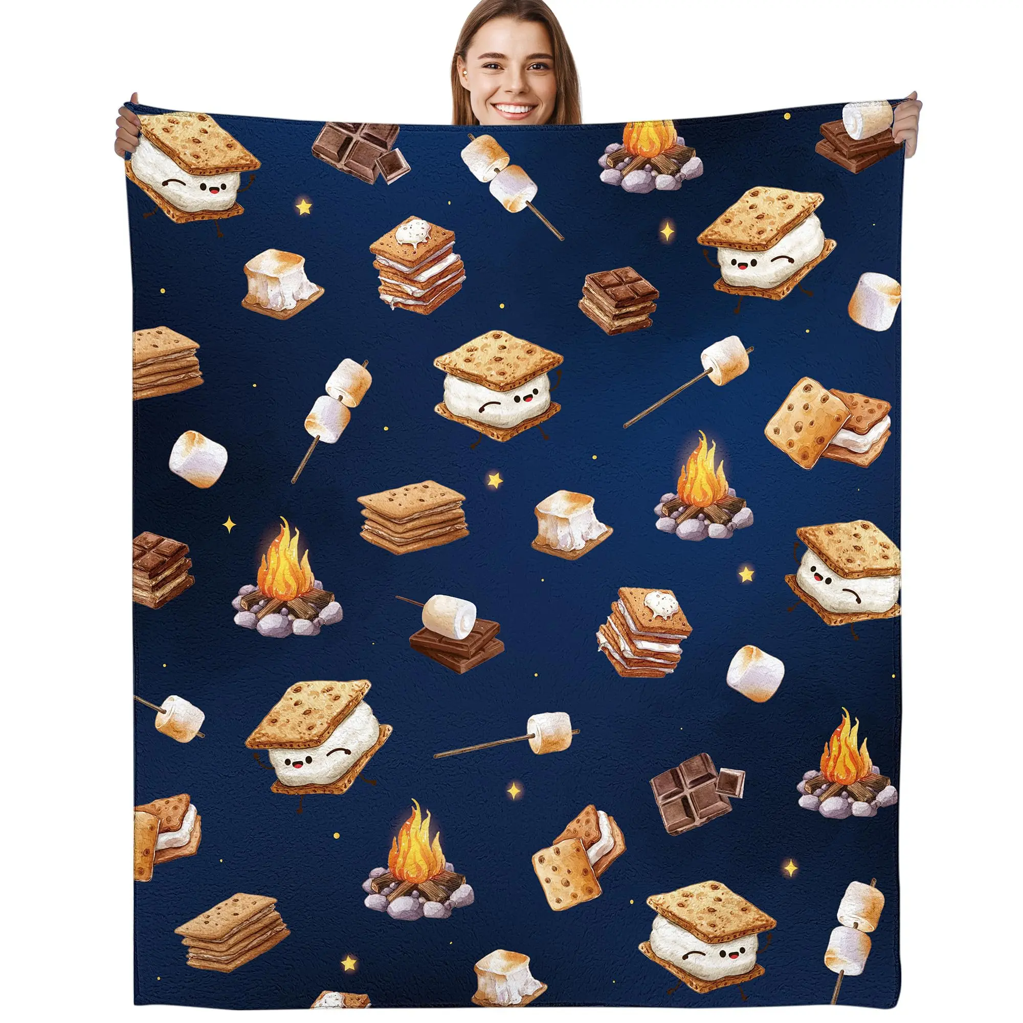1pc Smores marshmallow throw blanket, campfire chocolate themed soft and comfortable flannel blanket, a gift for camping enthusiasts