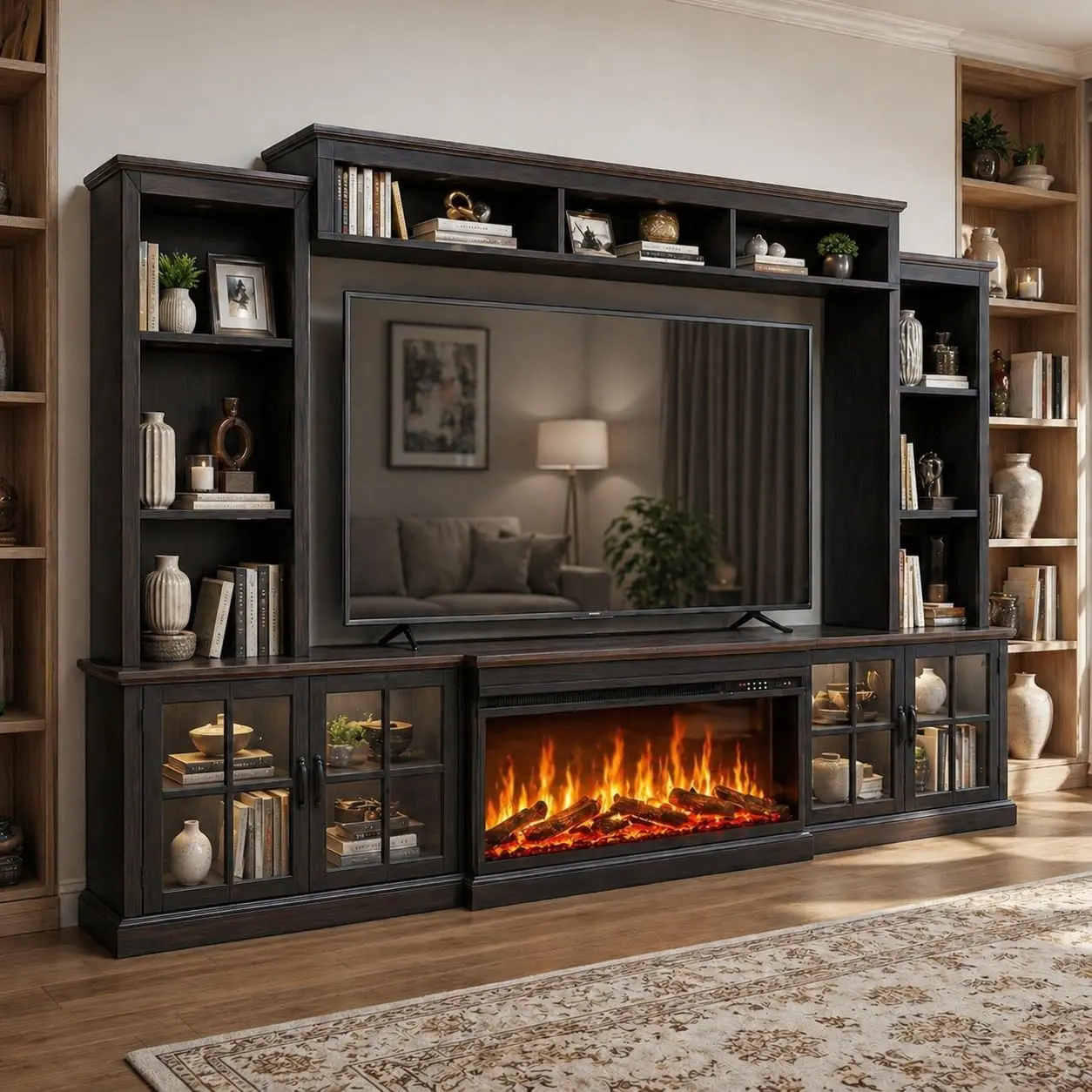 Aoxun 98-in Farmhouse TV Stand with TV Frame - 36-in Fireplace, Wood Bookshelf, Wine Cabinet, Power Outlets, Barn Doors, Fits 75-in Screens, Wall Unit Console Table, Living Room Furniture (3 Packages Shipping, White/Black)