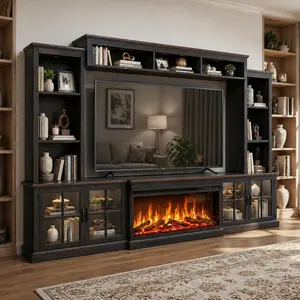 Aoxun 98-in Farmhouse Look TV Stand Living Room Furniture - 36-in Fireplace, Wood Bookshelf, Wine Cabinet, Fits 75-in TVs, Wall Unit Media Console with Power Outlets & Barn Doors (3 Packages Shipping, White/Black)