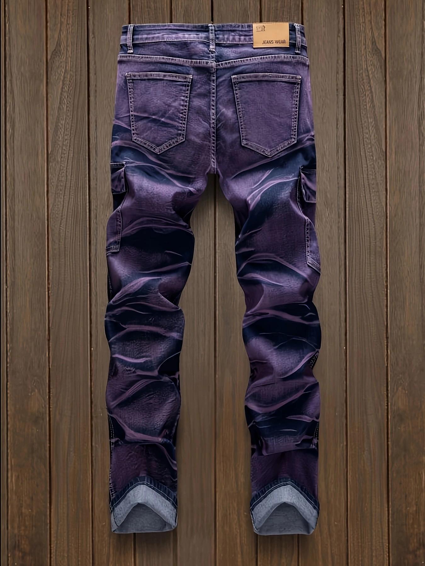 Men’s European & American fashion tie-dye straight jeans with a distressed finish in purple