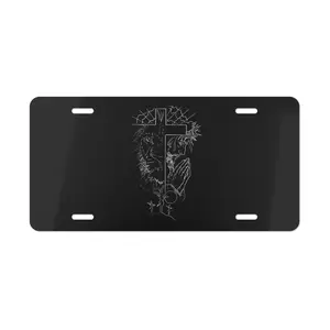 Jesus and Cross Illustration Black License Plate – Christian Religious Decorative Car Tag, Faith Accessories