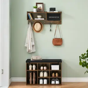 Multi-Functional Hall Tree Coat Rack with Shoe Bench – 5 Hooks, 9 Storage Cubbies, Bookshelf, Blackboard, Wall Mounted Entryway Organizer – Industrial Rustic Brown/Grey – Fits Hallway, Mudroom, Living Room