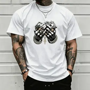 Men's Hip Hop Graphic T-Shirt, Hustle Skeleton Hands with Money & Chains Print Streetwear Tee, Casual Short Sleeve Crewneck Top