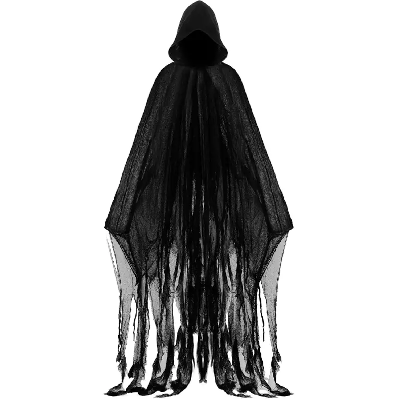 Women's Hooded Cloak Halloween Costume, Spooky Full-Length Grim Reaper Cape in Solid Black Cupro Fabric for Adult Cosplay, Party, Costume Ideas, Grim Reaper Costume, Spooky Theme
