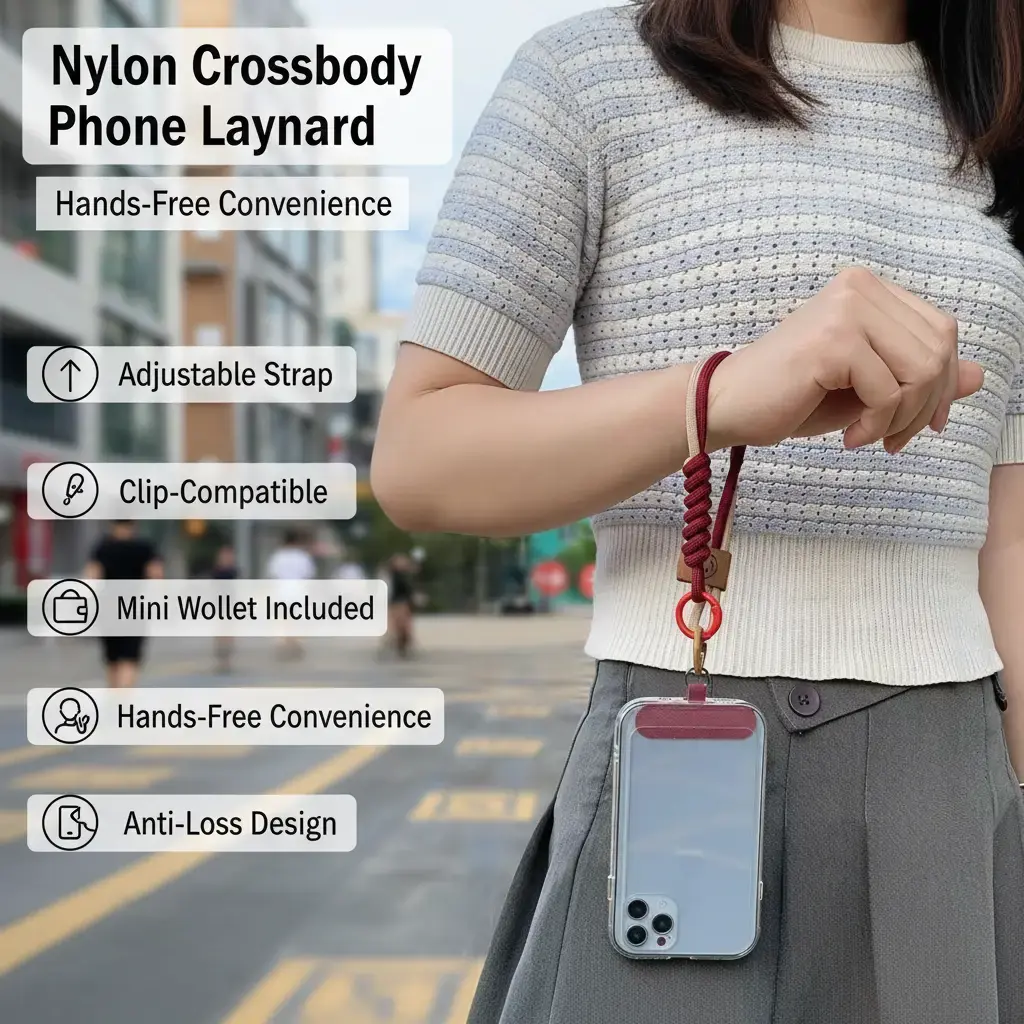 Adjustable Soft Nylon Crossbody Mobile Phone Lanyard - Clip-Compatible Detachable Accessory with Mini Wallet, Hands-Free Anti-Loss Strap for iPhone & Samsung, Durable for Busy Parents, Biking