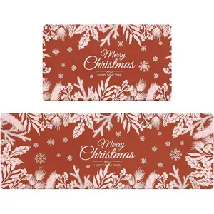 AMM Christmas Kitchen Rugs Set of 2, Red Beige Xmas Pine Branches Leaves Kitchen Mats for Floor Anti Fatigue, Winter Snowflake Christmas Kitchen Decor, Non Slip Cushioned Memory Foam Kitchen Rug