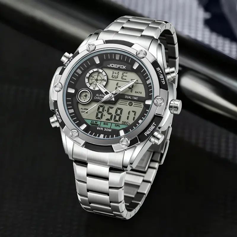 Men’s Digital Watch Electronic Movement Waterproof Stainless Steel Strap Alloy Case 186g Heavyweight LED Display Sport Casual Wristwatch Multi Function Durable Fashion Timepiece for Outdoor Travel Daily Wear Gym Office Use