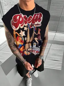 Men's Sleeveless Graphic Muscle Tank Top, Y2K Streetwear Style, Loose Fit Summer Workout Shirt, Casual Daily Wear, No Zipper or Button