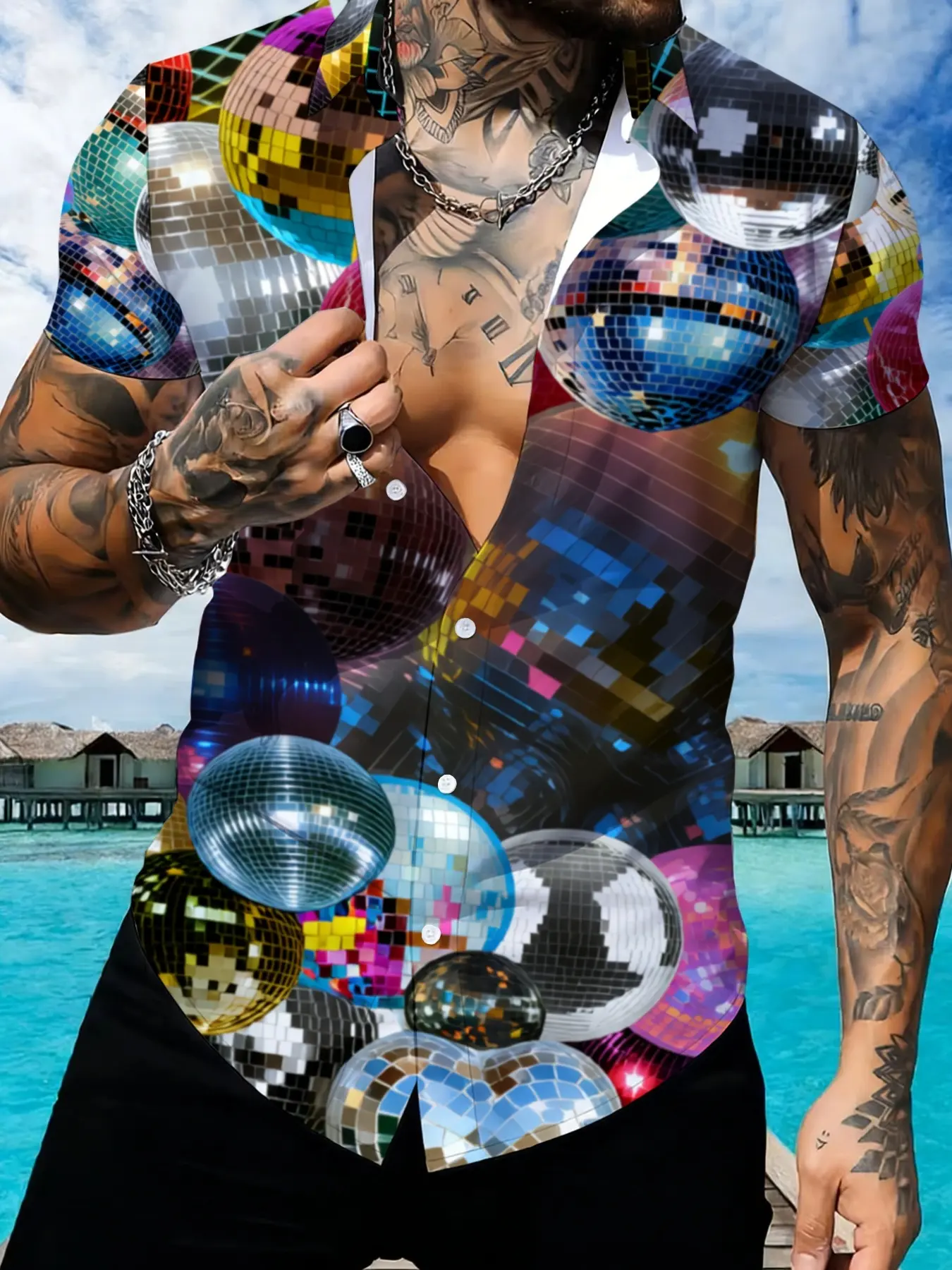 Colorful Disco Ball Print Men's Short Sleeve Shirt, Summer Fashion Personality Trendy Top