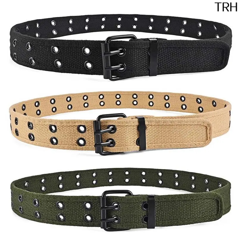 Punk Vintage Canvas Belt for Men with Double Row Metal Eyelets and Double Prong Buckle, Fray-Resistant Strap for Teen Streetwear Outfits