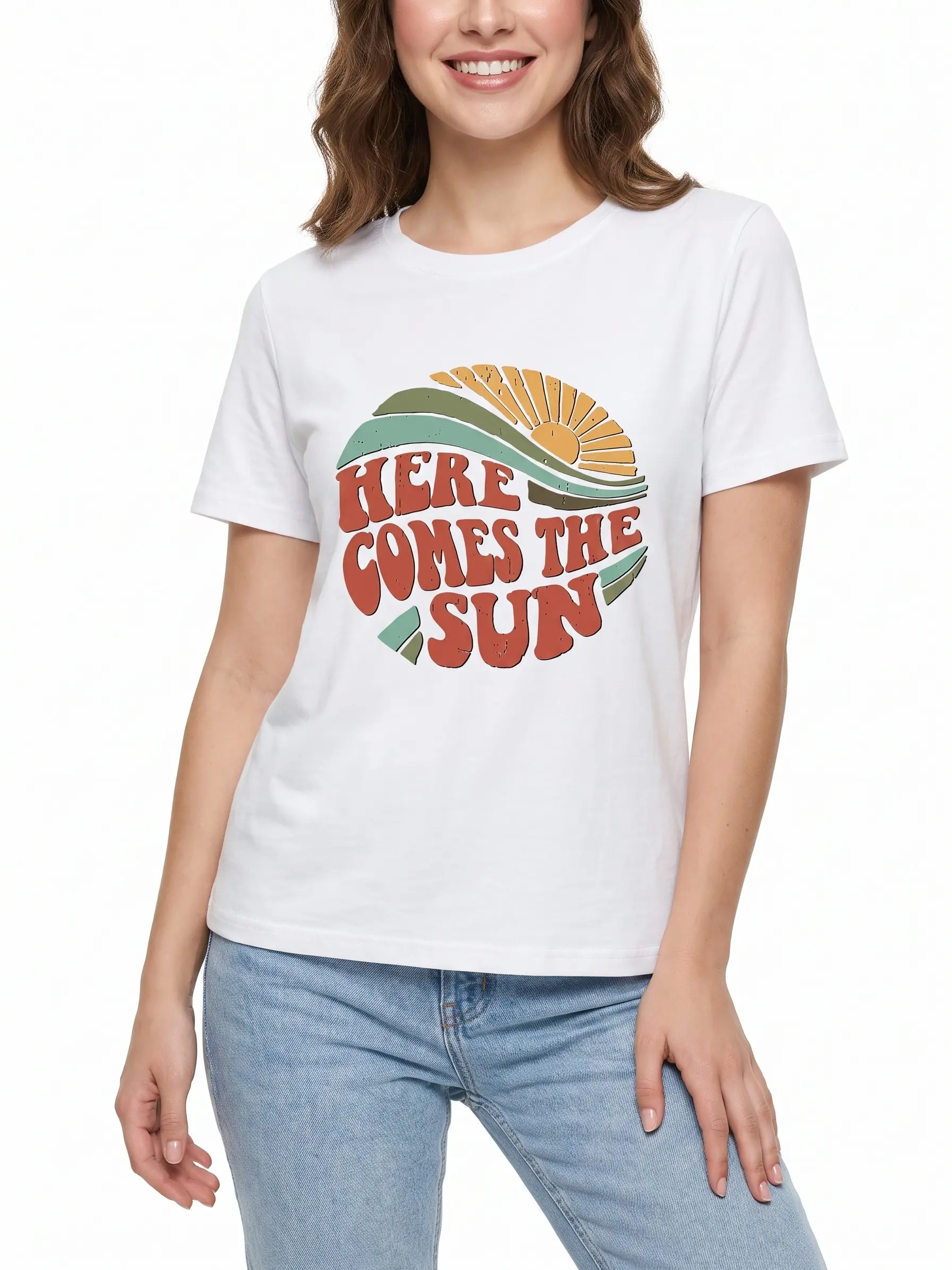 Women's Retro Graphic Cotton T-Shirt - Breathable Soft Fabric Lady's Short-Sleeve Crew Neck Casual Top, Chic Piece for Summer Vacation, Tshirt
