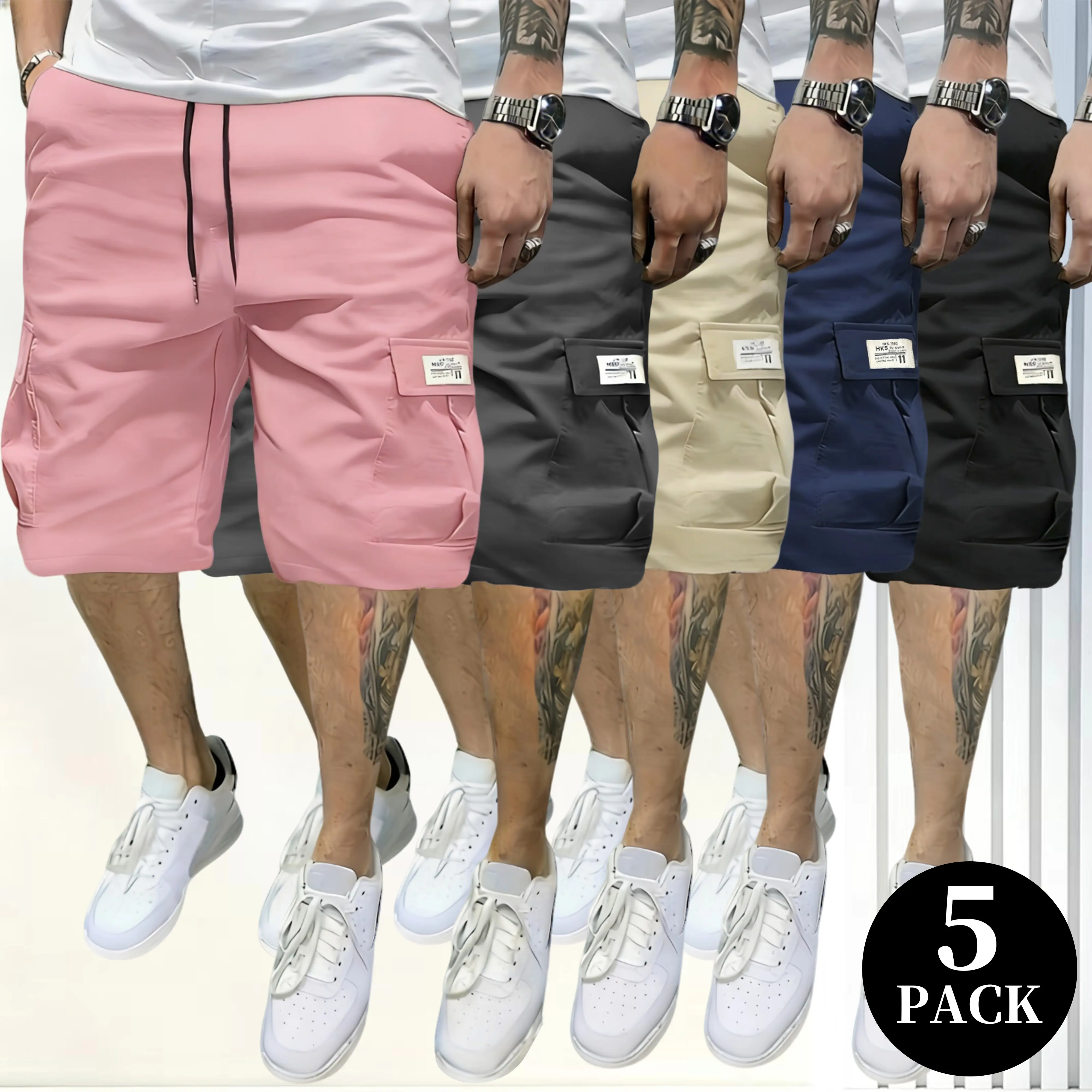 Menswear Men's Cargo Shorts (Pack of 5) - Trendy Summer Casual, Multi-Pocket Design, Durable Breathable Comfortable Fabric, Suitable for Outdoor Leisure Activities, Men's Shorts