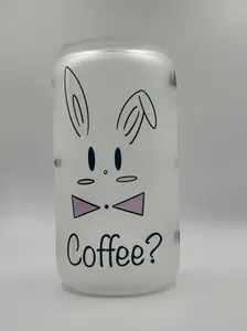 Coffee Bunny Glass Can with Bamboo Lid and Glass Straw