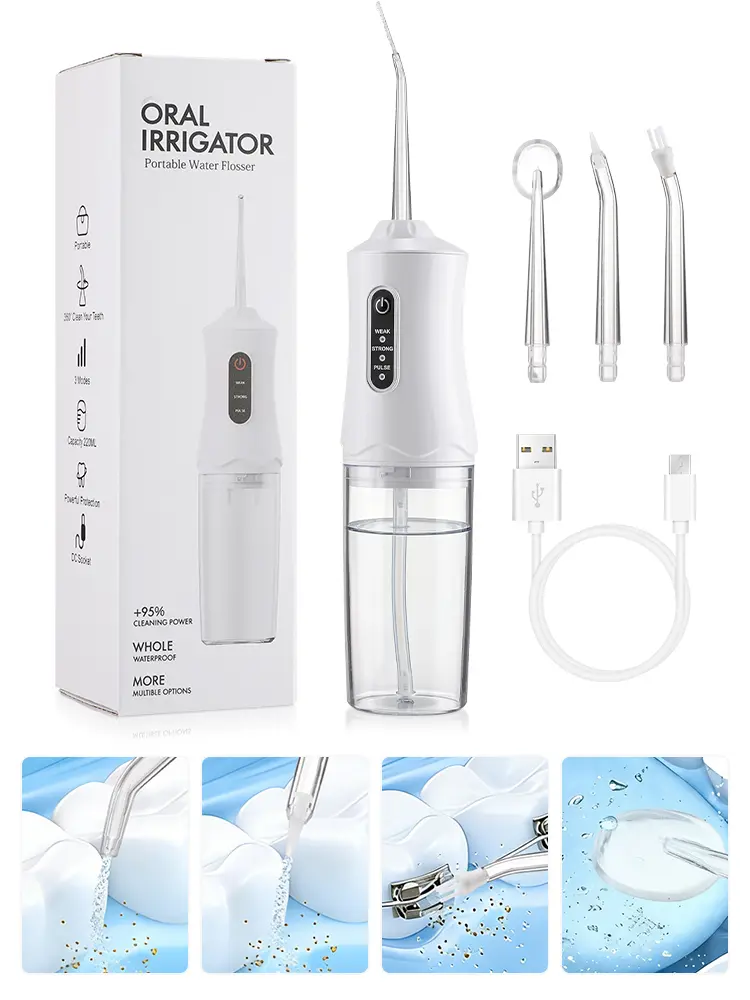 Rechargeable Lithium Ion Plastic Portable Oral Irrigator Water Flosser - High-Pressure Pulses, 3 Modes, 4 Jet Tips, 220ml Tank, Gum Health Cleansing, Hygienic and Gentle for Sensitive Gums, Automatic Power Off, Batteries Included