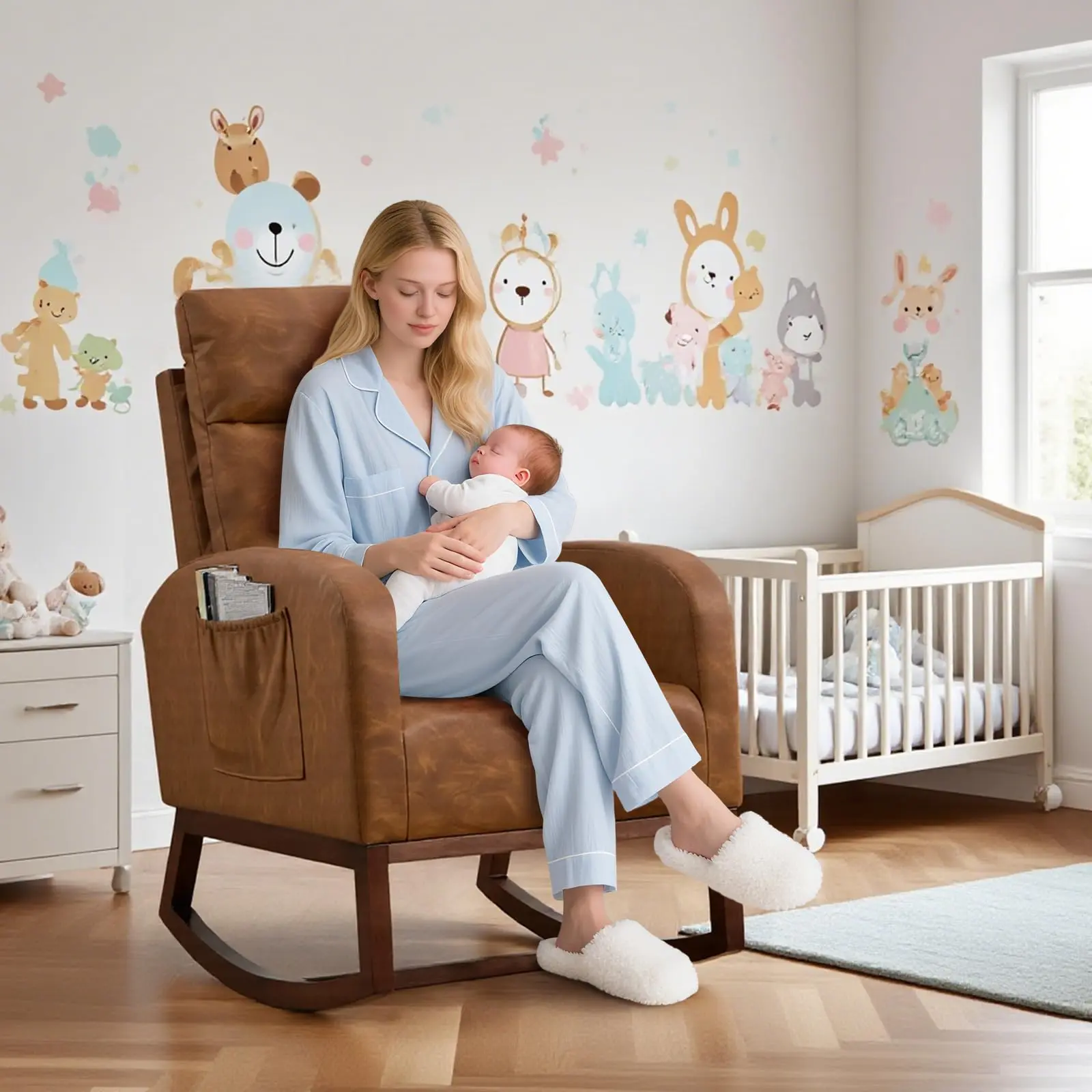 GARVEE Leather Glider Chair, Modern Rocking Chair, Nursery Faux Leather Glider Chair with Rubber Wood Legs and Side Pocket, Rocking Accent Armchair for Living Room, Bedroom, Brown
