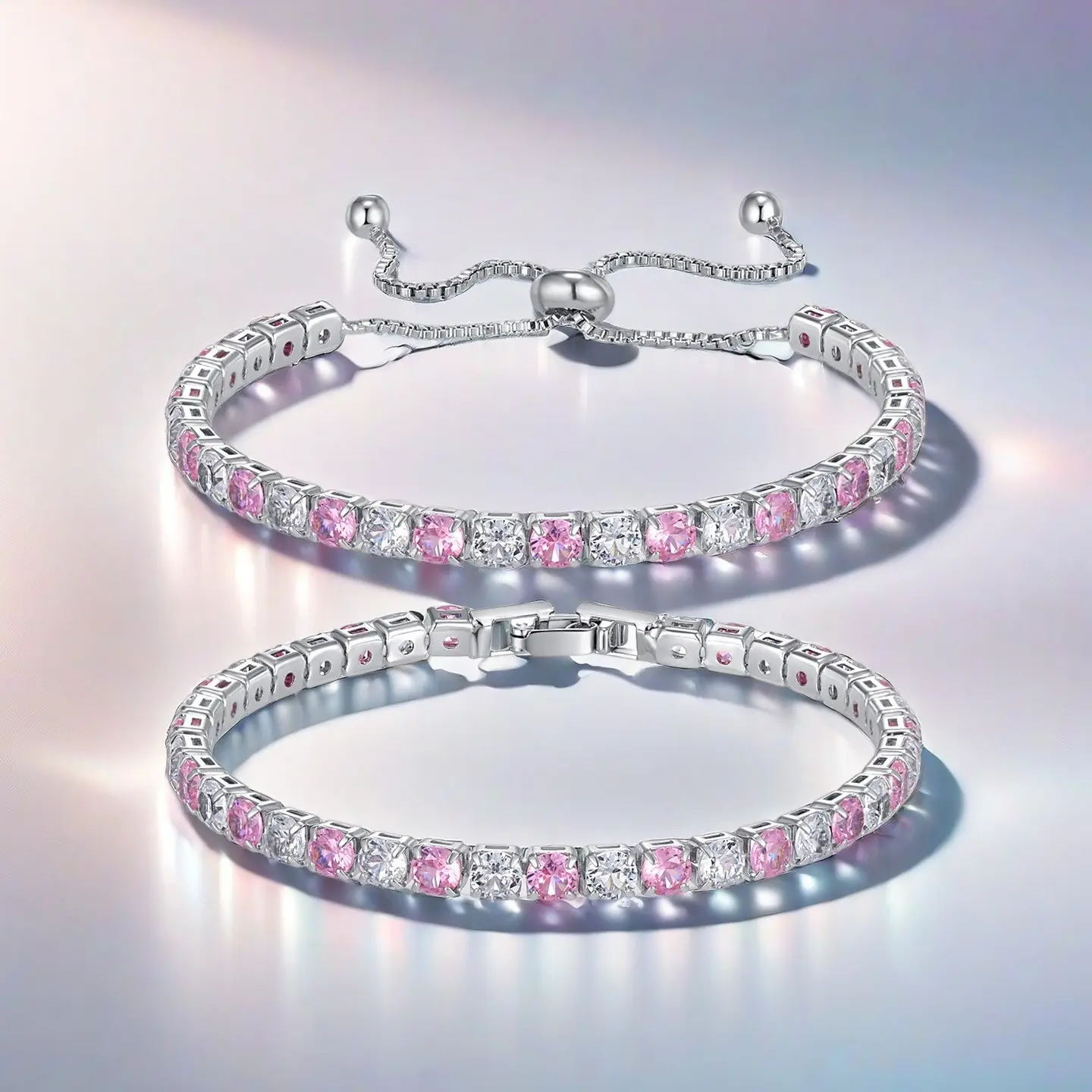 2 Pcs Tennis Bracelets Cubic Zirconia Stone Adjustable Slider Silver Bracelets, Jewelry with Flexible Links, Exquisite Fashionable Bracelet for Christmas Gift, Wedding Gift