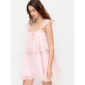 Cider Chiffon Lace Square Neck Ruffle Sleeve Mini Babydoll Dress SwimWeek