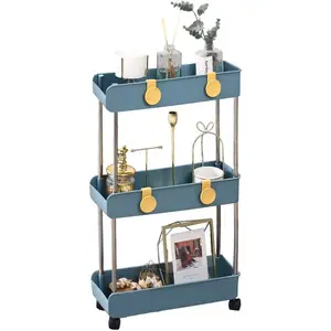 3-Tier Slim Mobile Shelving Unit  Wheels, Slide Out Rolling Bathroom Storage Organizer, Utility Carts Shelf Rack for Kitchen Bathroom Laundry Room Narrow Places, Navy Blue