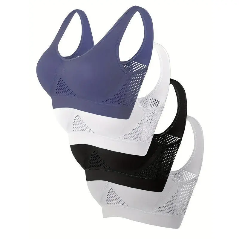 4pcs Women's Sports Bras - Wireless, Padded, Breathable Mesh with Racerback Design for Yoga, Fitness, Running - Pink, White, Purple, Black, Workout Accessories 4pcs Women's Sports Bras - Wireless, Padded, Breathable Mesh with Racerback Design for Yoga, Fitness, Running - Pink, White, Purple, Black, Workout Accessories