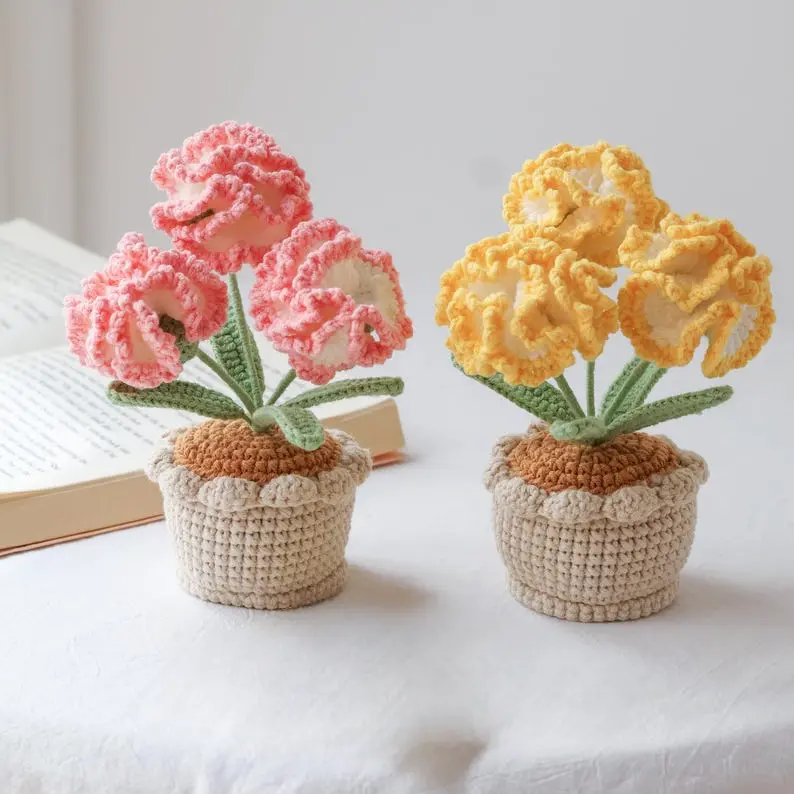 Crochet Carnation in pot, handmade Carnation, personalized gift for mother, home decoration, knitted Carnation flower, gift for her