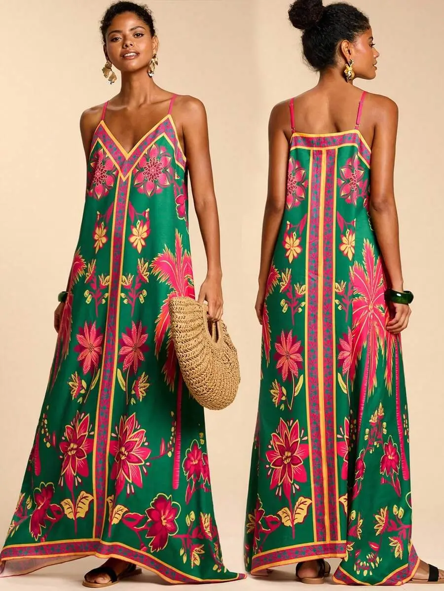 Travachic Women's Casual Tropical Green Floral Print Dress, Summer Boho Holiday Vacation Outfits, Mexican Style Elegant Beach Party Wedding Guest Birthday Dress