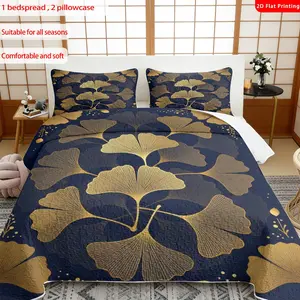 3pcs, 2D flat print Luxury Ginkgo Leaf Pattern Navy Blue & Gold Quilted Bedspread Set, multiple sizes available, bedding set, festive decorative bedding, ideal for bedroom decor(1 bedspread , 2 pillowcase)