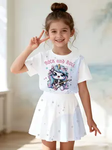 Girls' 3D Printed Top and Skirt Set, Casual Slim-Fitting Summer, Round Neck Short Sleeve, Daily Wear, Two-Piece Ensemble