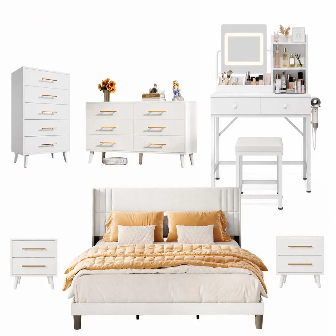 GIZOON 6-Piece White Indoor Bedroom Dressing Set - Queen Bed Frame, Luxury LED Mirror Makeup Vanity, 5-Drawer Dresser, 6-Drawer Dresser, 2 Nightstands
