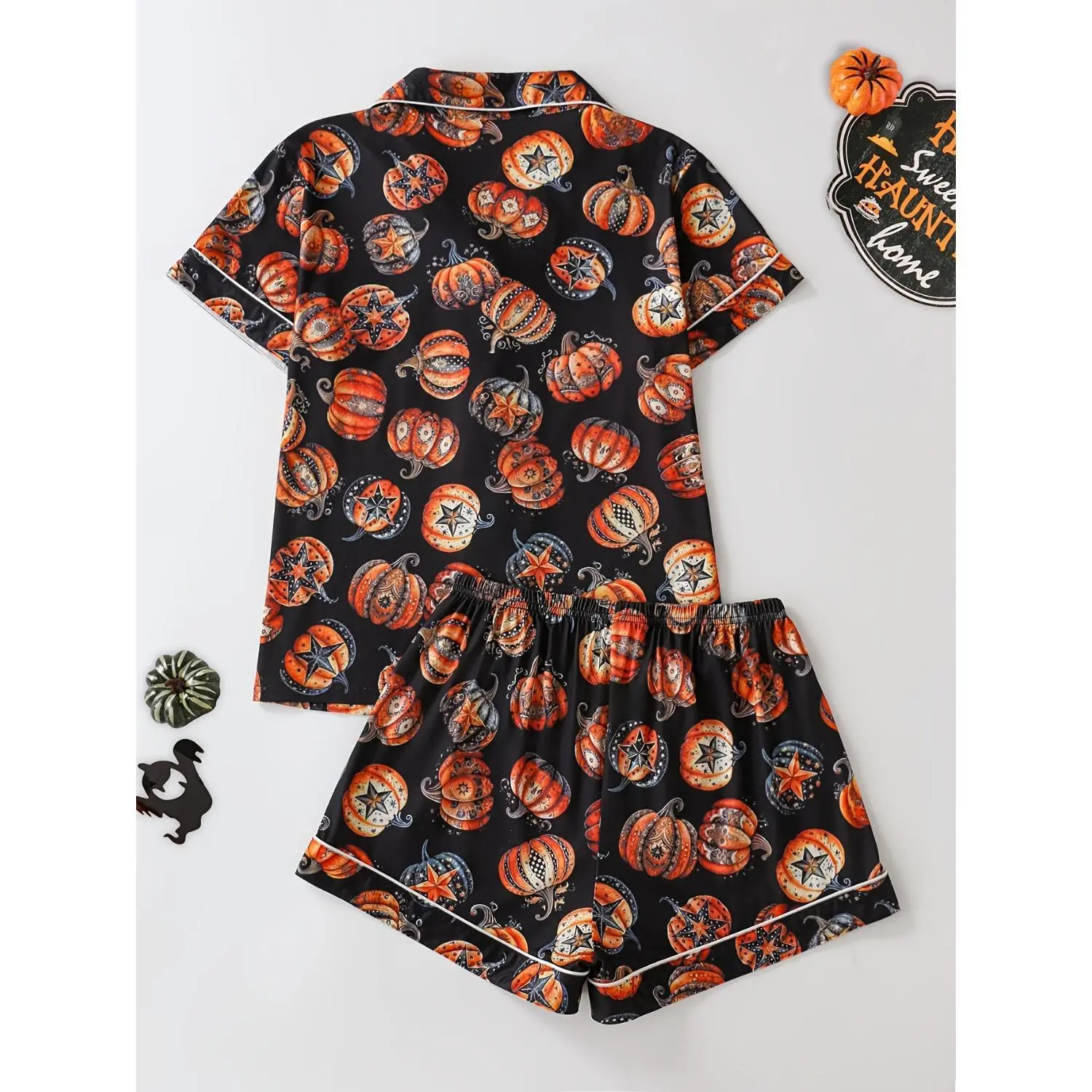 2pcs Halloween Vintage Pumpkin & Star Print Women's Pajama Set - Short Sleeve Lapel Top & Elastic Shorts, Black Base Cozy Sleepwear