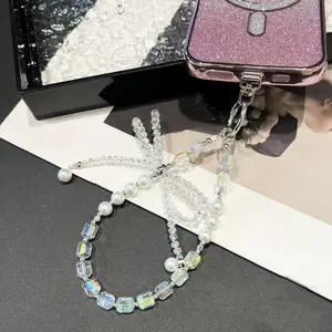 Phone Charm for Women Anti-Theft Wrist Strap Hands-Free Beaded Chain Detachable Lanyard with Tether Tab Stylish Accessory Belt Bow Decoration