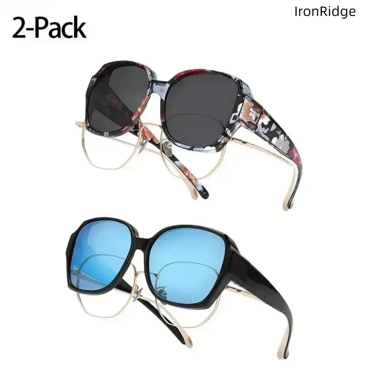 2-Pack Fit-Over Sunglasses for Prescription Eyes, Geometric Statement Black Frame for Driving & Outfits, Lightweight & Flexible with Polarized UV400 Lens, Outdoor, Unisex, Anti-Glare, Driving / Ootd