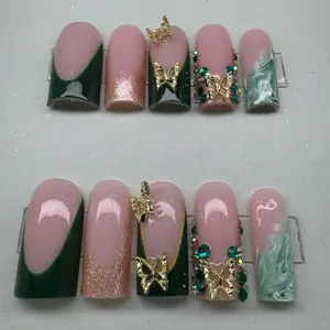 Green French Tip Press-On Nails - Handmade Medium Length with Gold Accents and butterfly charms Xsmall